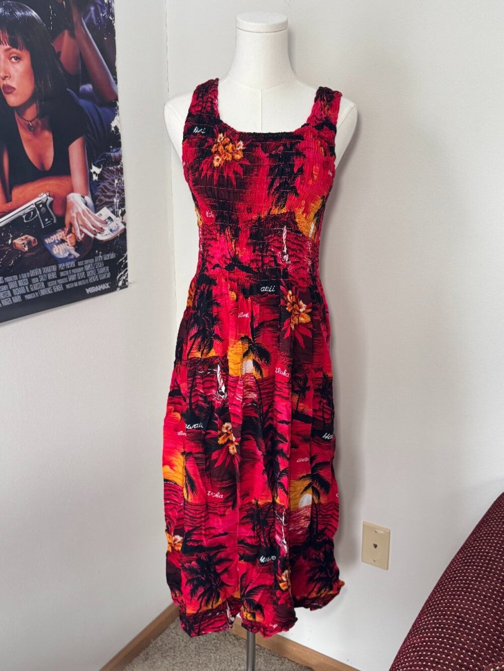 Vintage Bright Pink and Orange Hawaiian One Size Tank Top Beach Dress
